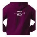 Faith Over Fear hoodie with bold White lettering on a back of maroon hoodie, inspirational faith based apparel by Empowered Life Designs.